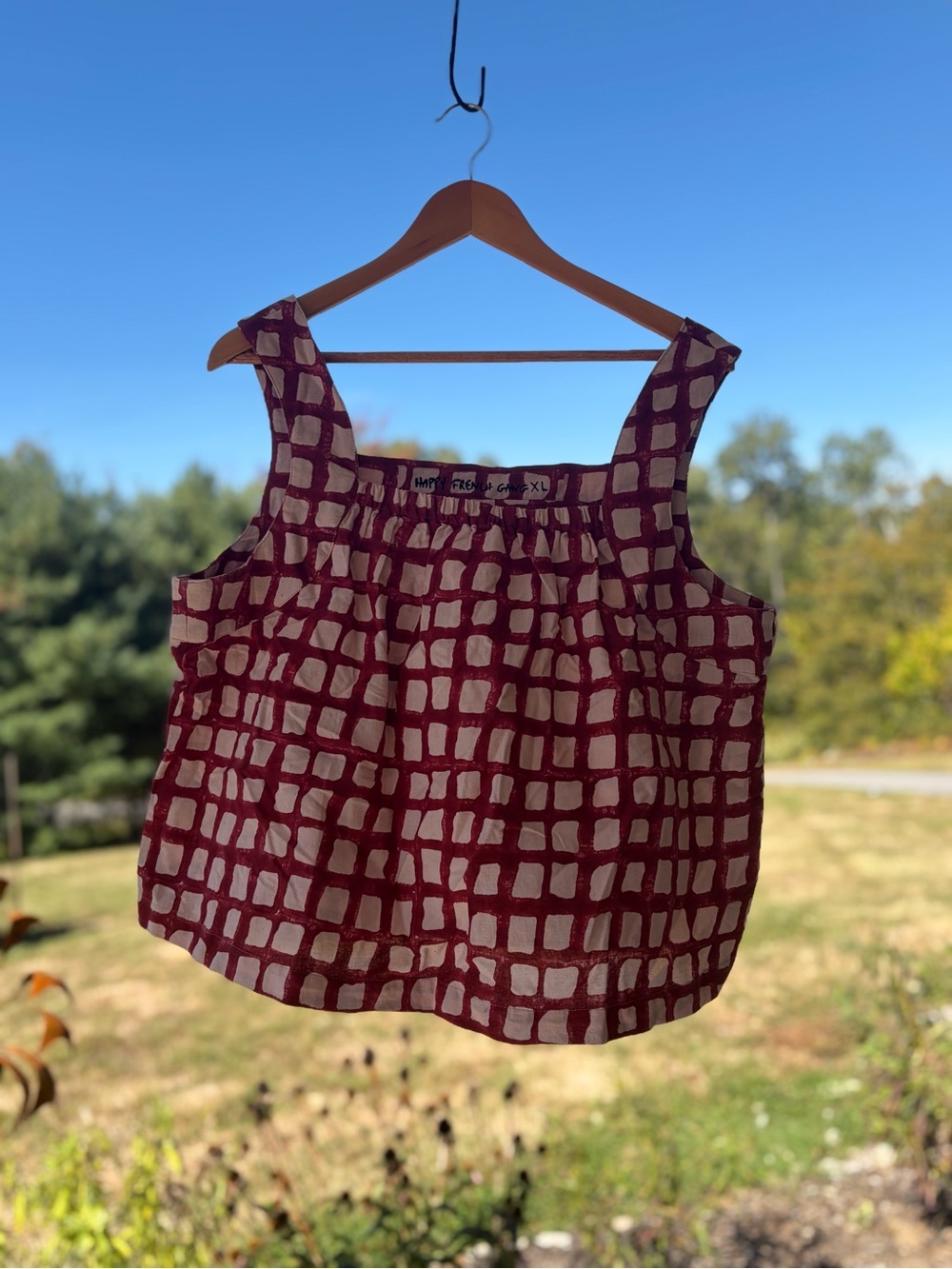 Sleeveless Maroon and Cream Grid Print Tank Top - Happy French Gang